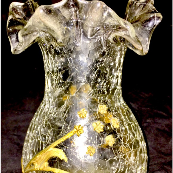 Antique Fenton ruffled crackle glass vase with brass embellishments - Picture 1 of 3